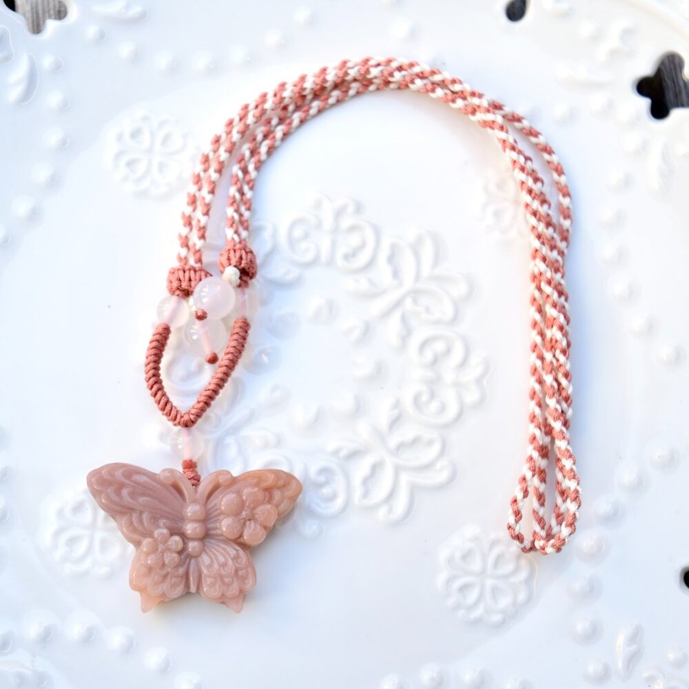 Flower Butterfly Pendant Rope Necklace - Pink Jade Pendant - Style 1